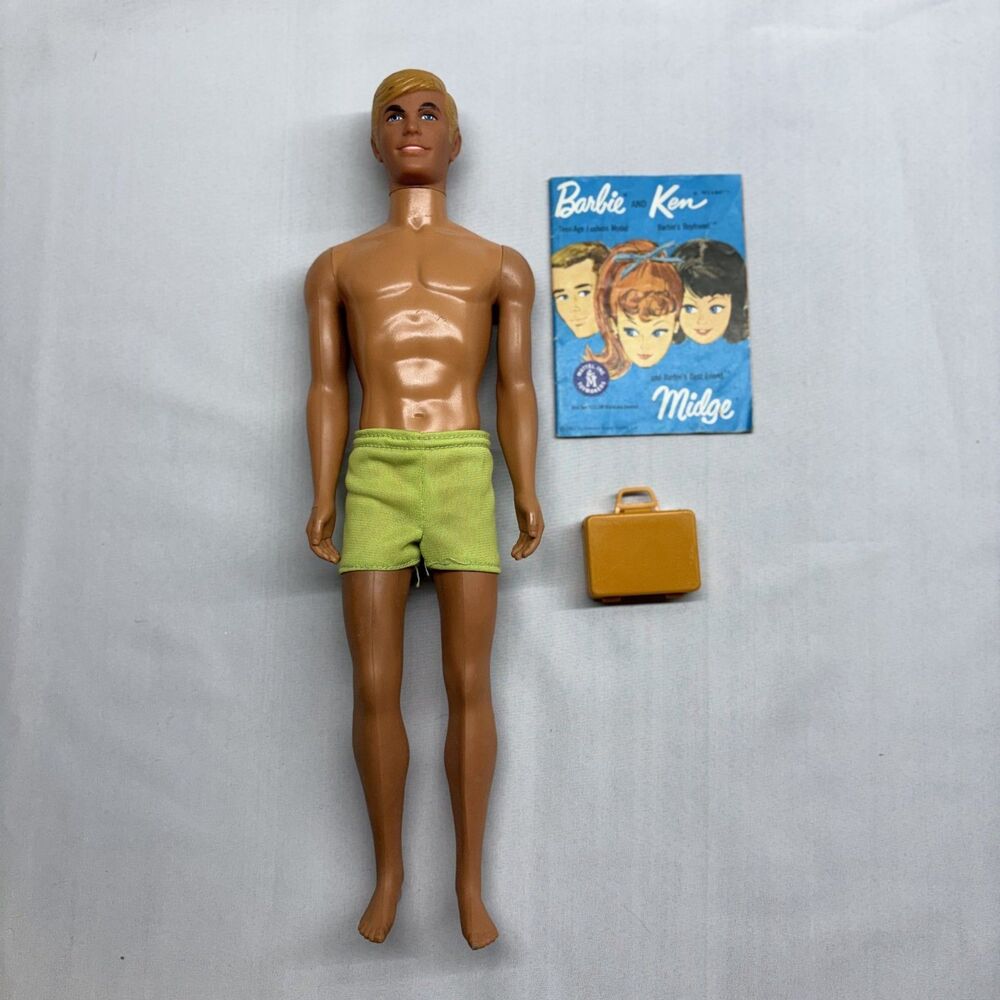 Vtg 1972 Busy Hands Ken Doll Mattel 1196 Lime Trunks Yellow Suitcase Booklet Lot